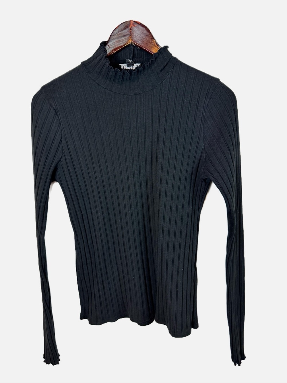 J. Crew | Black Ribbed Mock Neck Top w Lettuce Trim, M